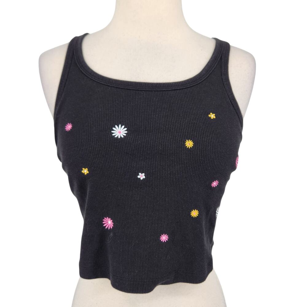 PINK by Victoria’s Secret Tank – Black Ribbed with Shelf Bra & Floral Embroidery